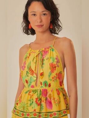 FARM Rio Cotton Yellow Tropical Print Halter Tie-Front Top Size Women’s XS